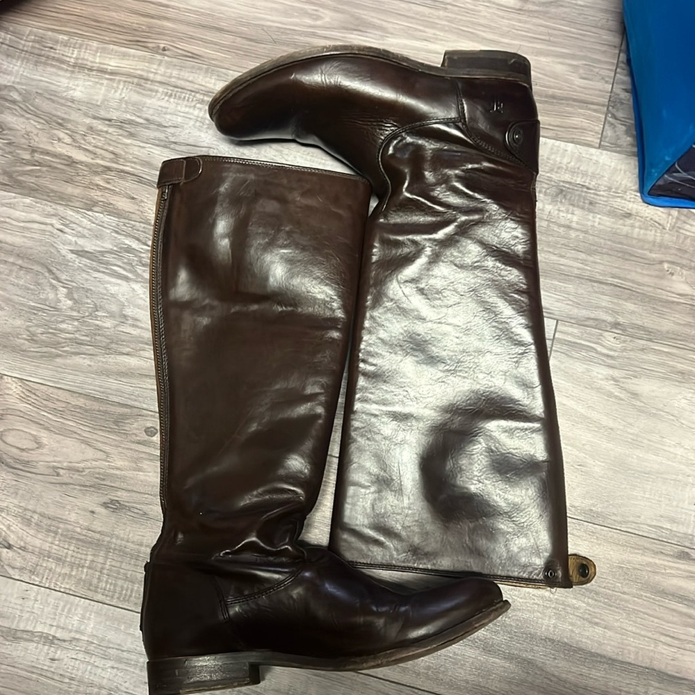 Frye Melissa Dark Brown Back Zip And Snap Tall Leather Riding Boots